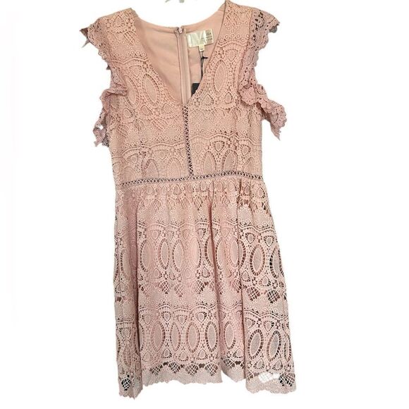 J.O.A. Pink Eyelet Crochet Lace Babydoll Fit & Flare Mini Dress L NWT - Picture 3 of 14